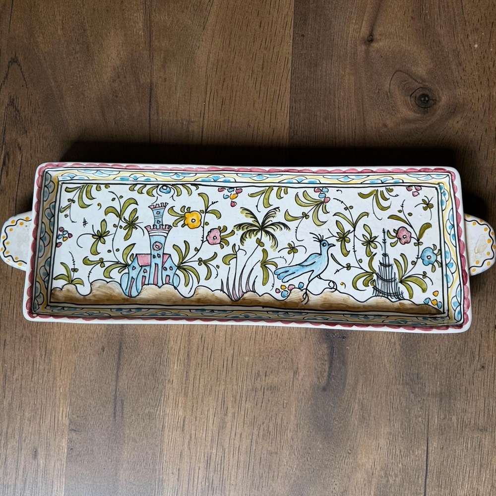 Vintage Nora Fenton Portugal #261-2 Hand Painted Bird Pottery Serving Tray 17"